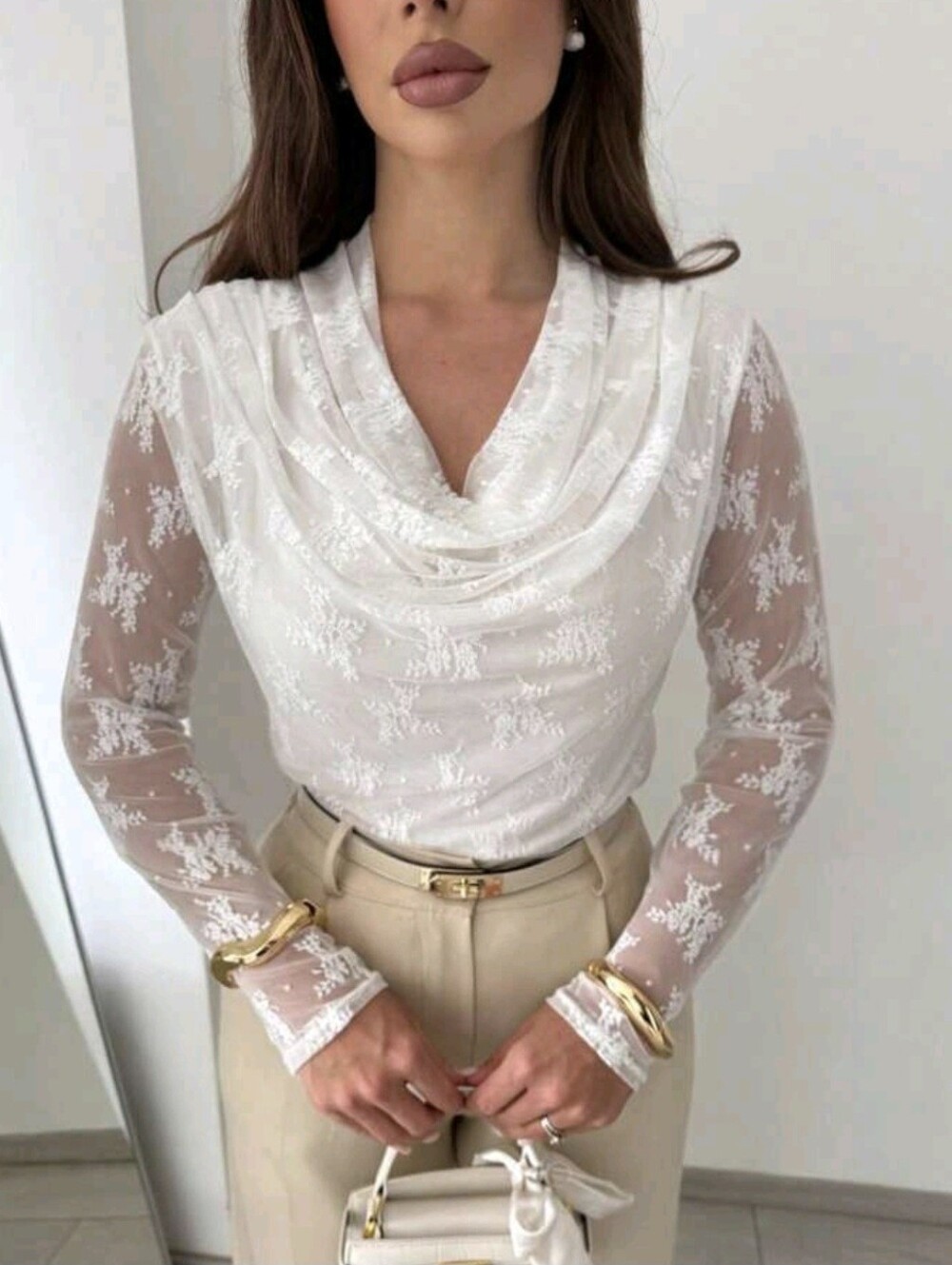 Women's White Floral Sheer Mesh Cowl Neck Ruched Slim Fit Lace Top, Suitable